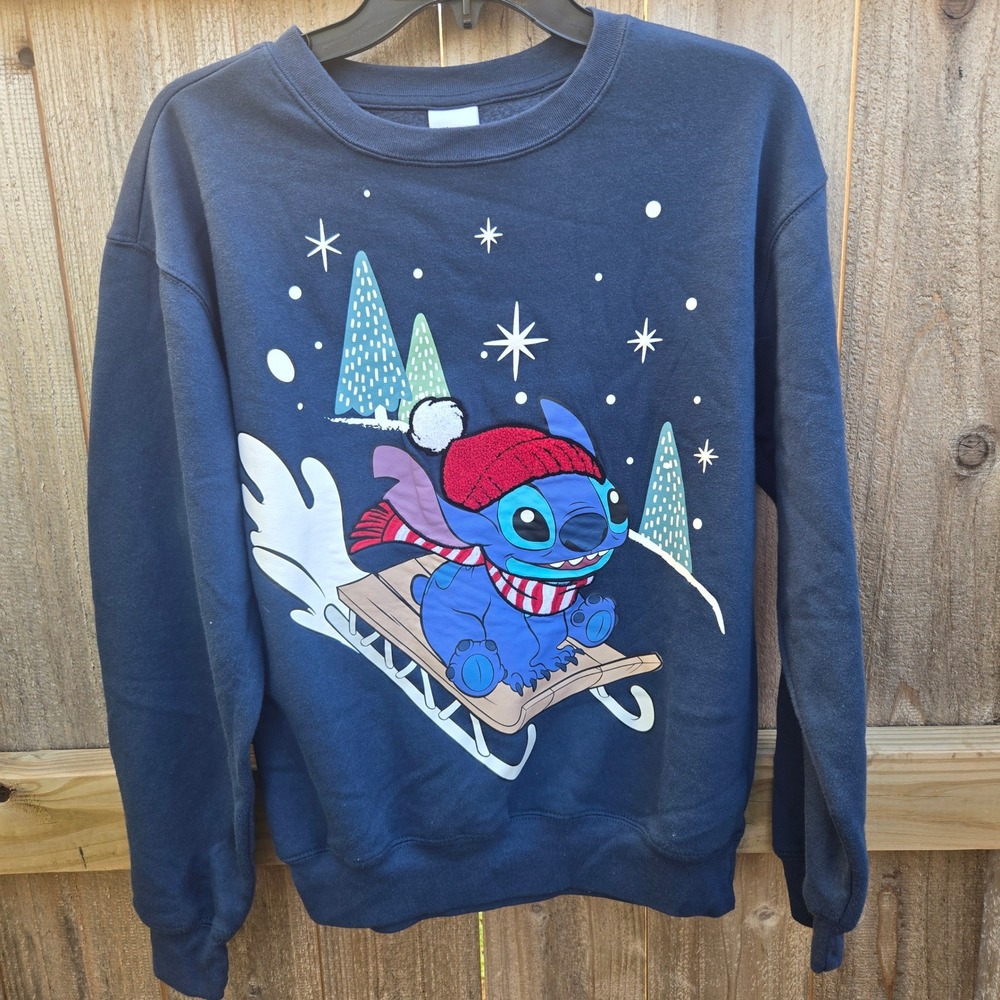 Disney Lilo and Stitch Christmas Sledding Sweatshirt Navy Blue Small Holiday